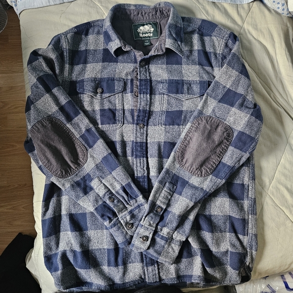 ROOTS Men's Park Plaid Shirt Blue Grey Flannel Large - Picture 5 of 14